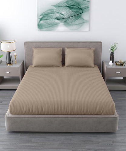 Dark Beige Satin Stripe Single Fitted Bedsheet With 1 Pillow Cover