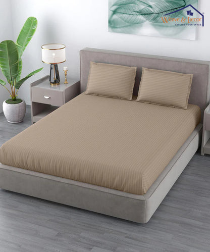 Dark Beige Satin Stripe Flat Bedsheet with Pillow Cover