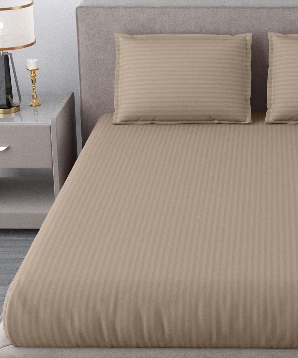 Dark Beige Satin Stripe Flat Double Bedsheet With 2 Pillow Covers