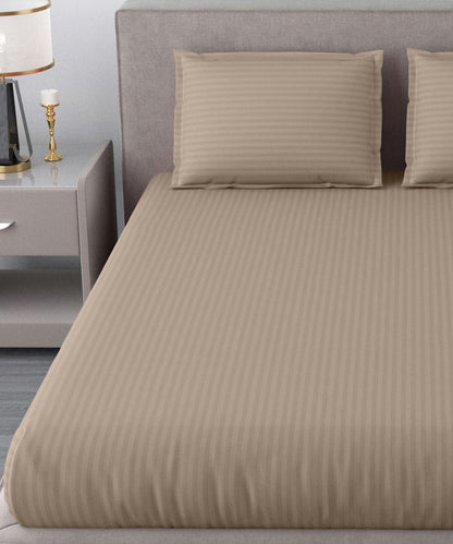 Dark Beige Satin Stripe Flat Double Bedsheet With 2 Pillow Covers
