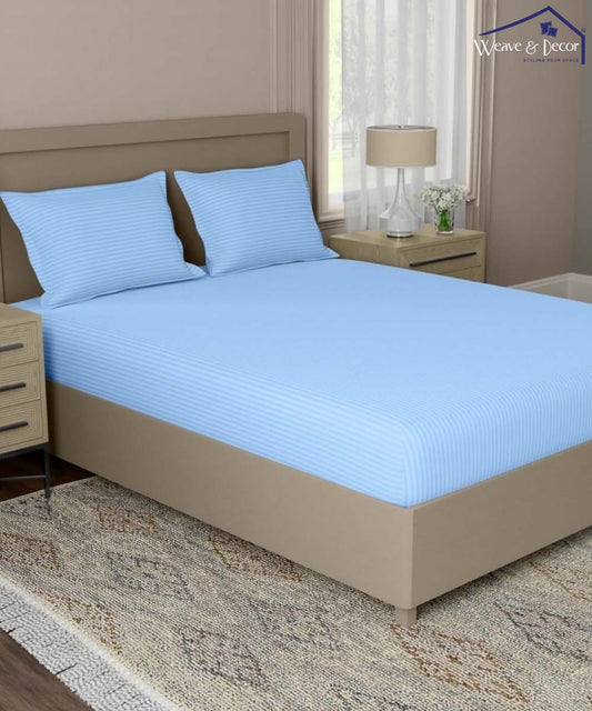 Blue Satin Stripe Flat Bedsheet with Pillow Cover
