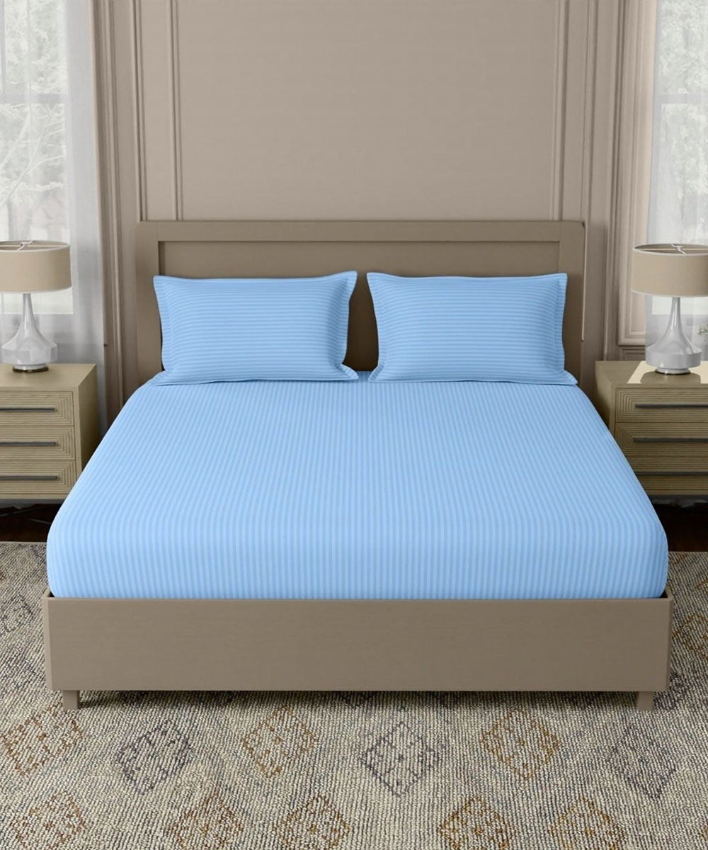 Blue Satin Stripe Flat Bedsheet with Pillow Cover