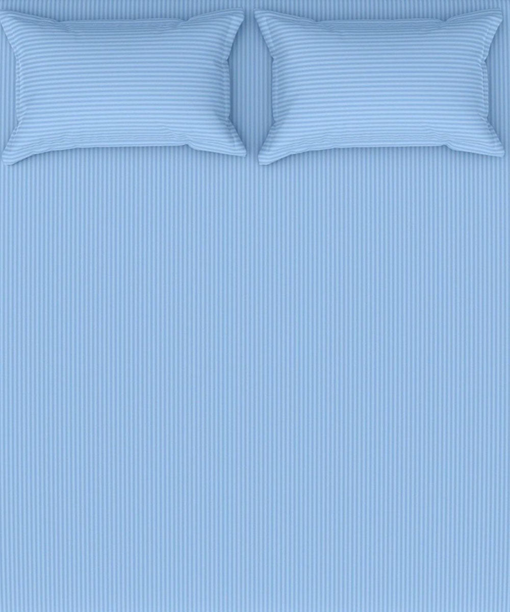 Blue Satin Stripe Flat Bedsheet with Pillow Cover
