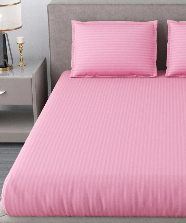 Light Pink Satin Stripe Flat Bedsheet with Pillow Cover
