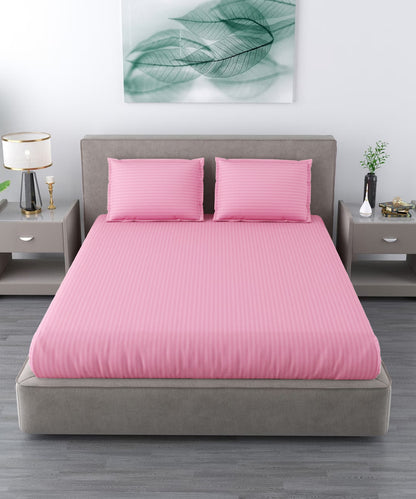 Pink Satin Stripe King Size Bedsheet With 2 Pillow Covers