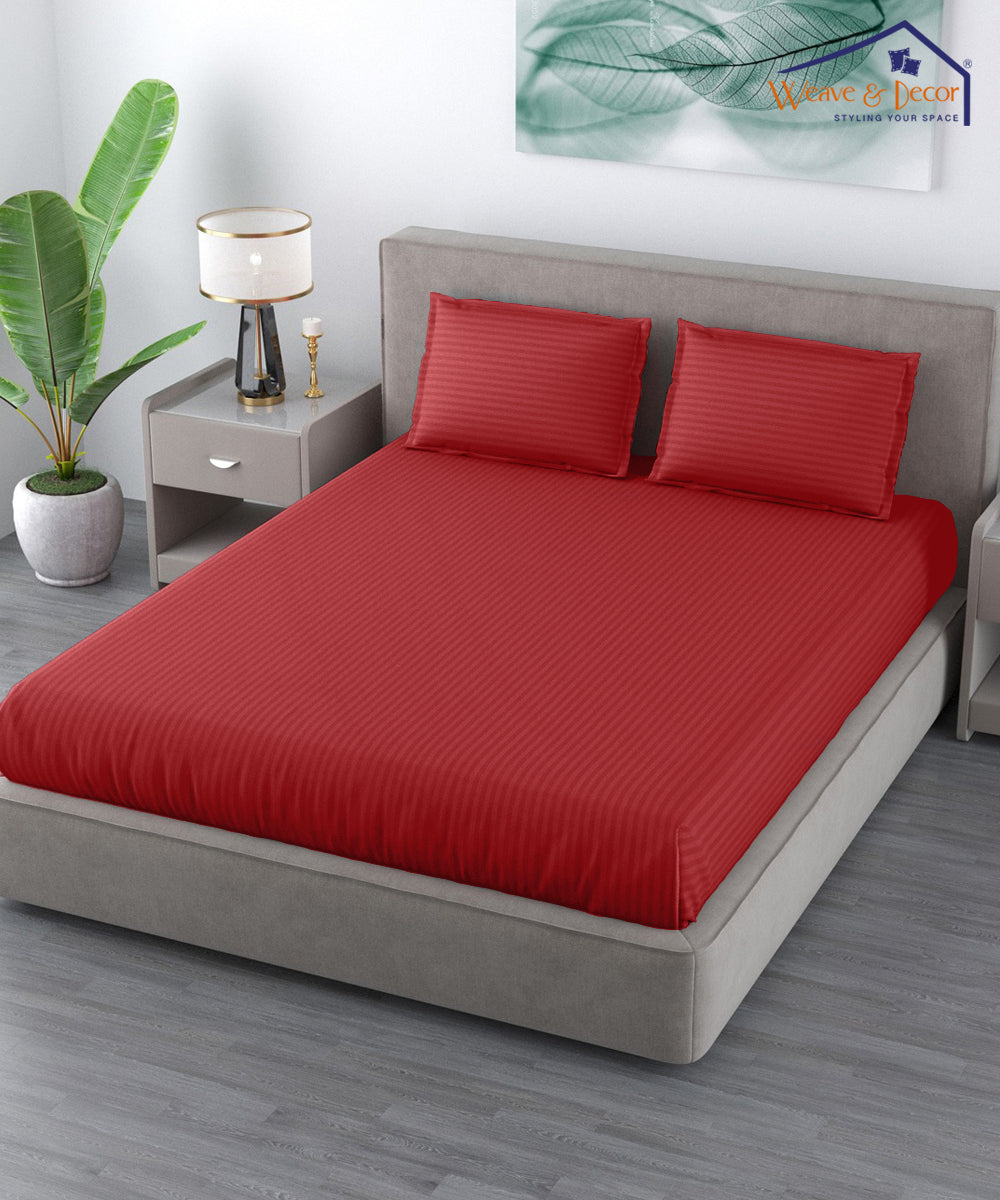 Red Satin Stripe King Size Bedsheet With 2 Pillow Covers