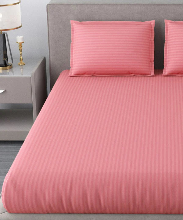 Coral Satin Stripe Flat Bedsheet with Pillow Cover