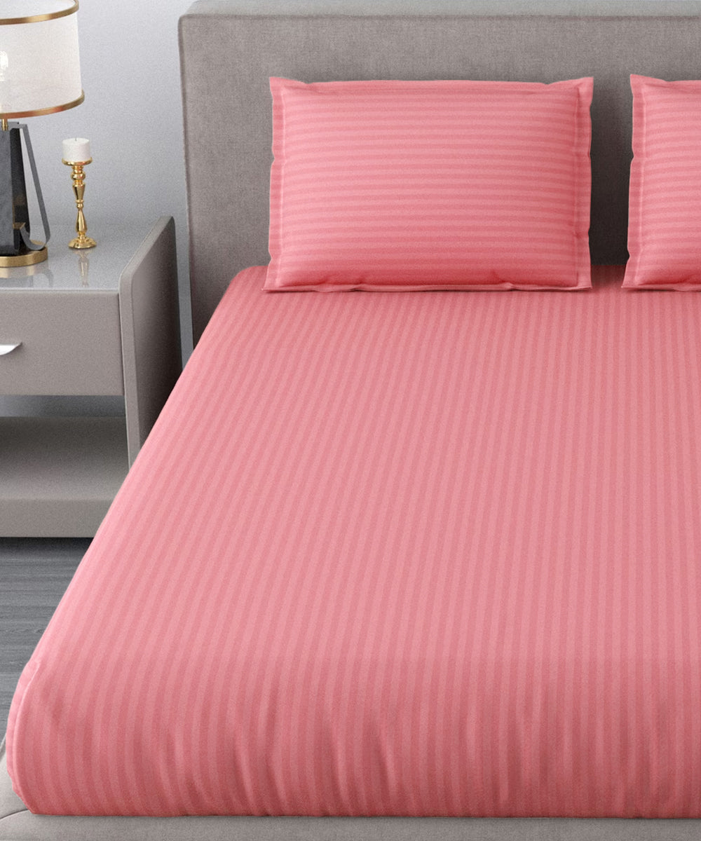 Coral Satin Stripe Double Bedsheet With 2 Pillow Covers
