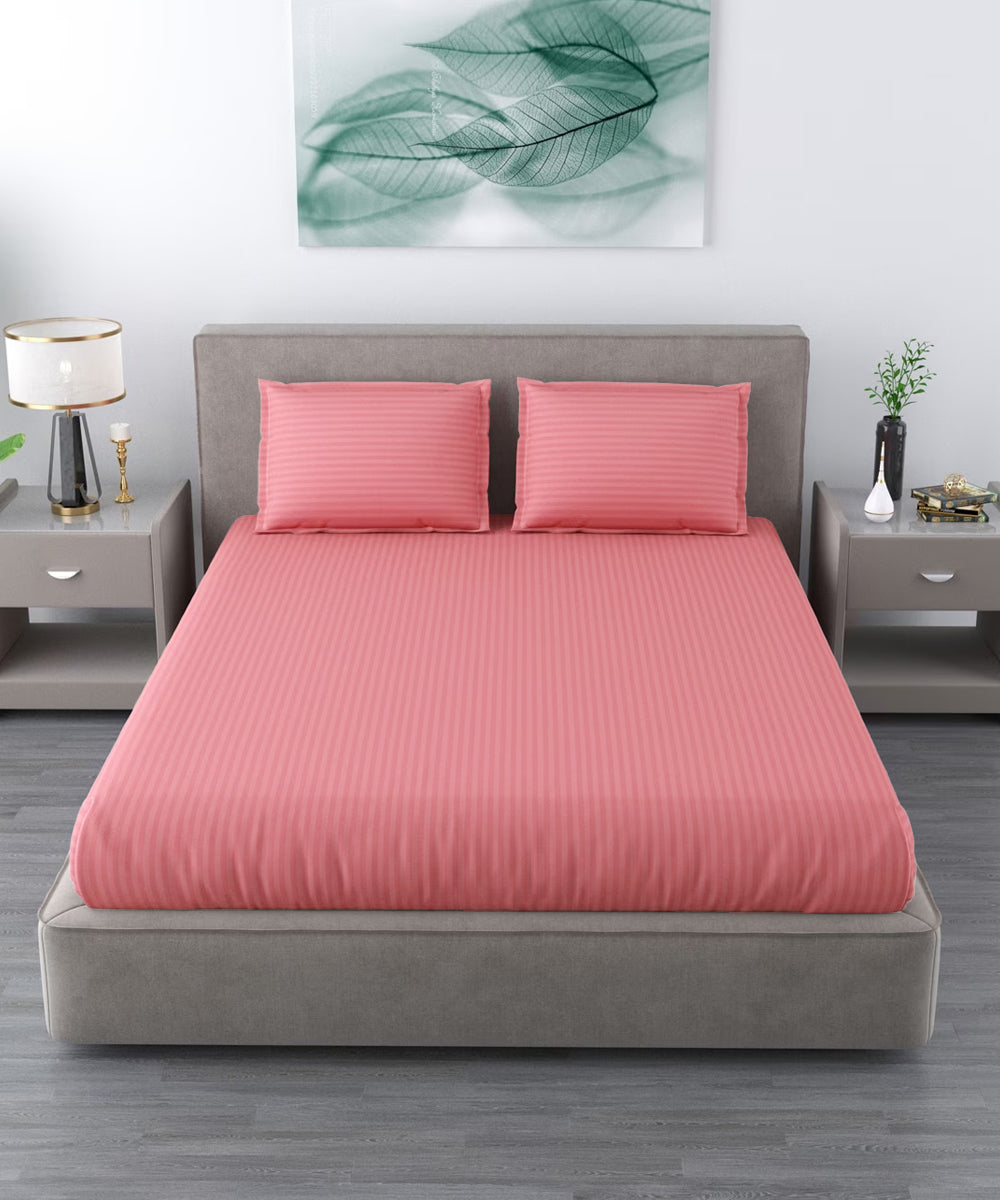 Coral Satin Stripe Double Bedsheet With 2 Pillow Covers
