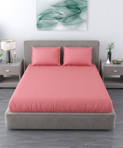Coral Satin Stripe Double Bedsheet With 2 Pillow Covers