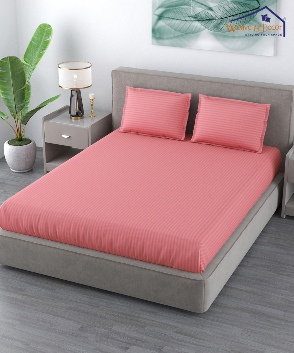 Coral Satin Stripe Double Bedsheet With 2 Pillow Covers