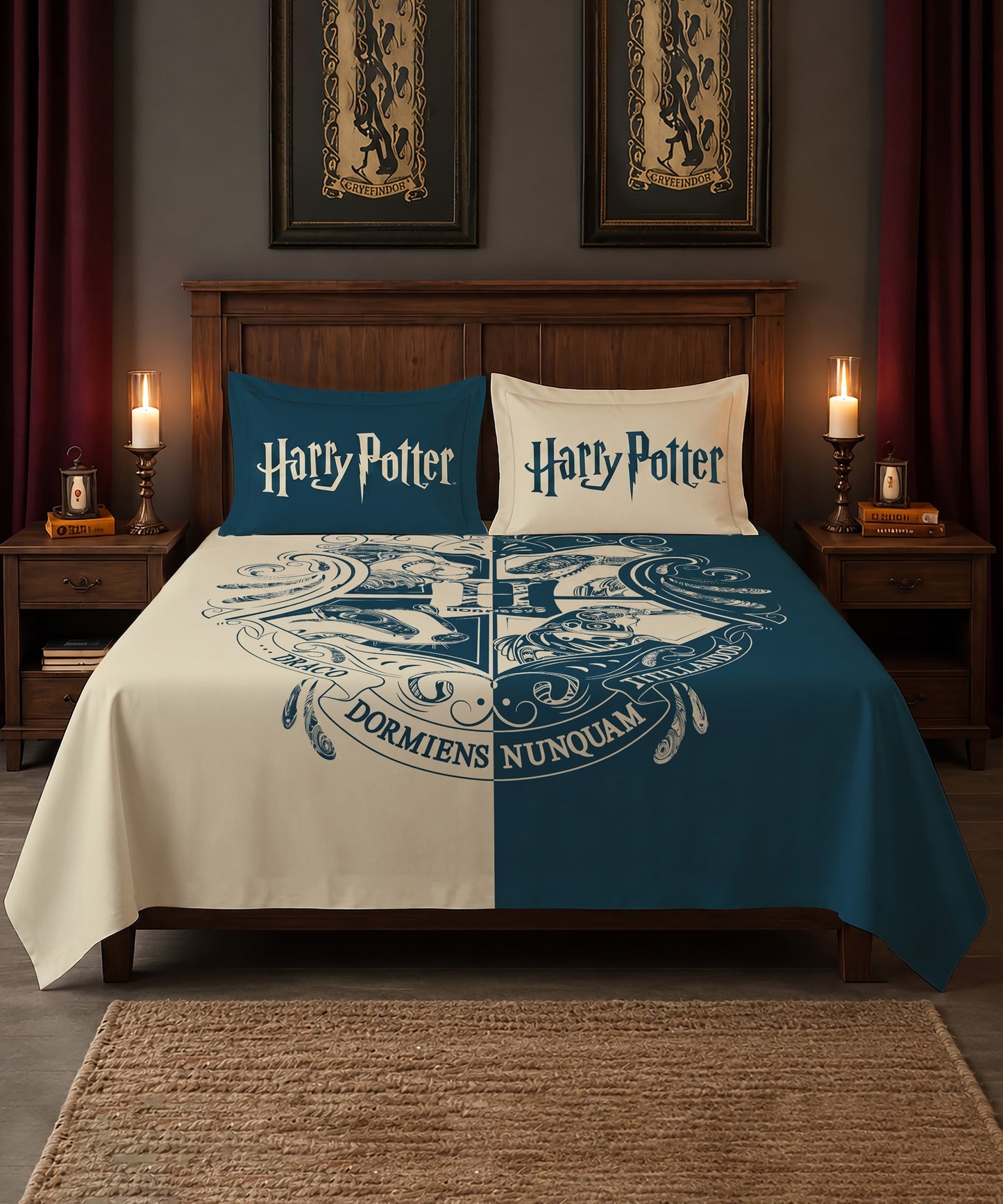 Harry Potter Blue & White Hogwarts Emblem Bedsheet with 2 Pillow Covers