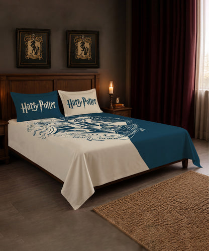 Harry Potter Blue & White Hogwarts Emblem Bedsheet with 2 Pillow Covers