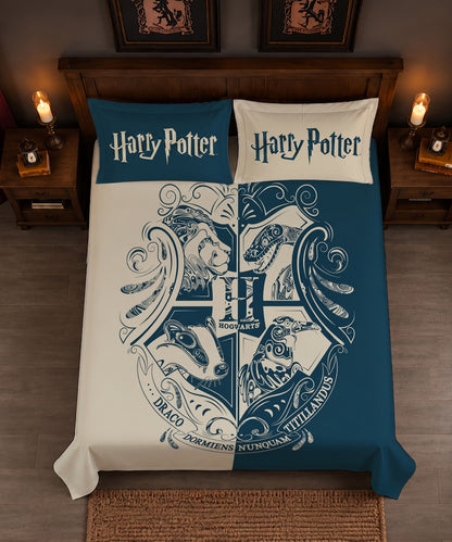 Harry Potter Blue & White Hogwarts Emblem Bedsheet with 2 Pillow Covers
