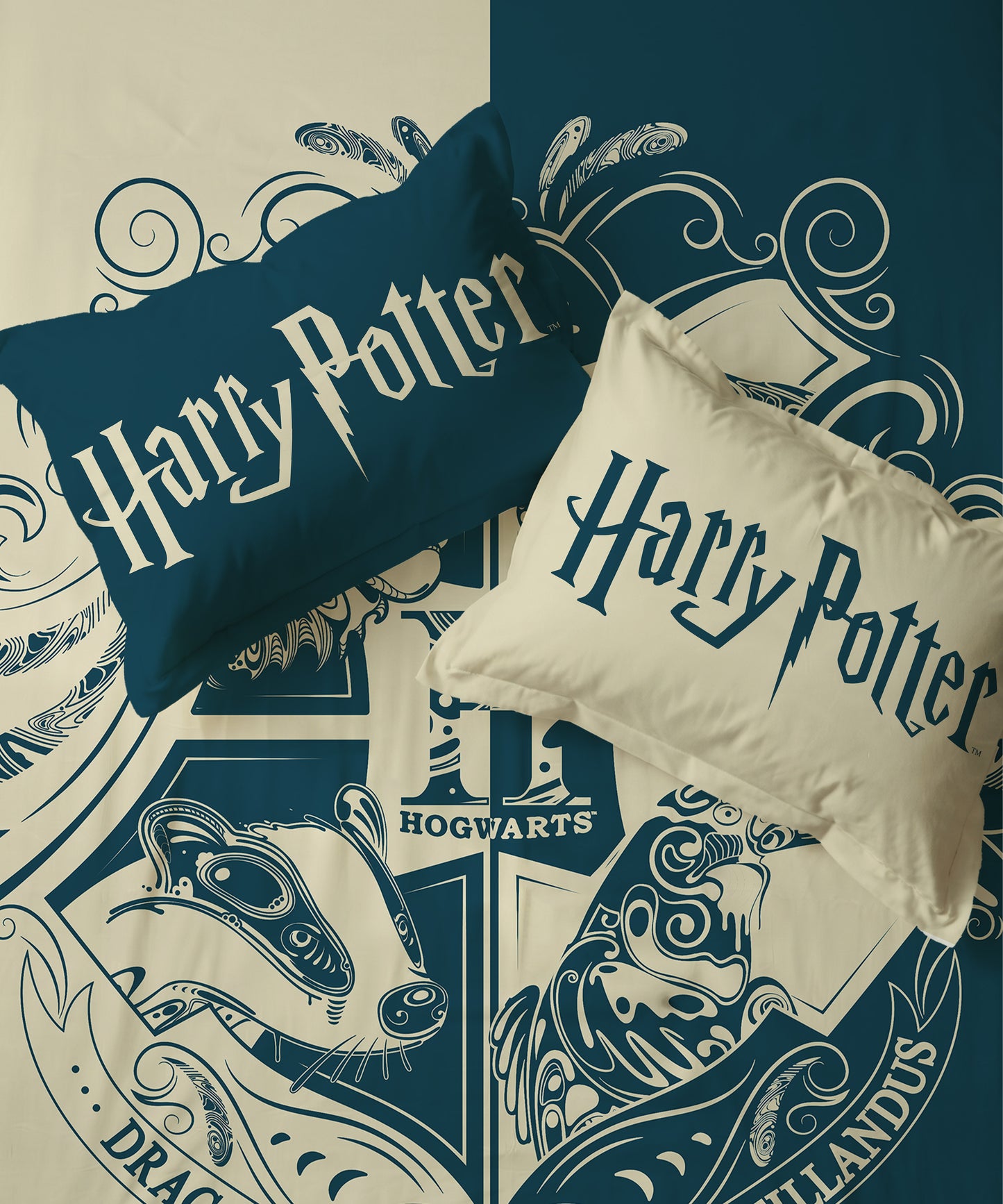 Harry Potter Blue & White Hogwarts Emblem Bedsheet with 2 Pillow Covers