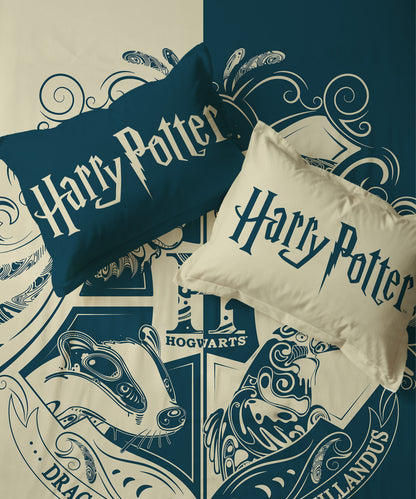 Harry Potter Blue & White Hogwarts Emblem Bedsheet with 2 Pillow Covers