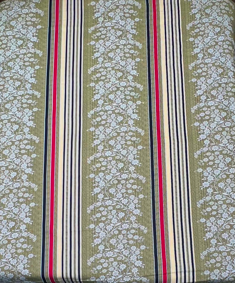 Olive Bloom Stripes – 200 GSM Pure Cotton Double Bedsheet with Pillow Covers |90x100 inches