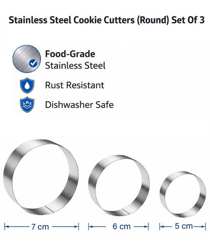 Stainless Steel Cookie & Biscuit Cutter Set - 3 Pcs (Different Sizes)