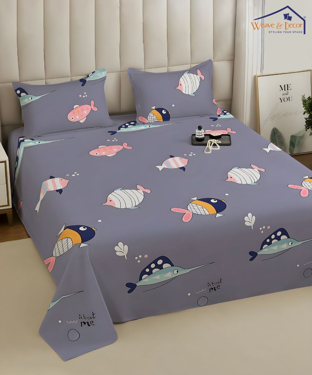 Underwater Dreams Fish Kids Flat Bedsheet With Pillow Covers