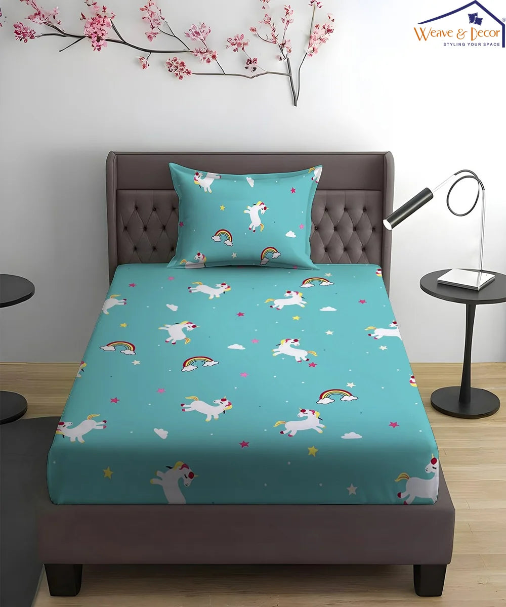 Blue Unicorn Kids Flat Bedsheet With Pillow Covers