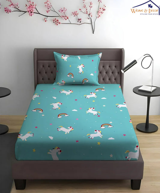 Blue Unicorn Kids Flat Bedsheet With Pillow Covers