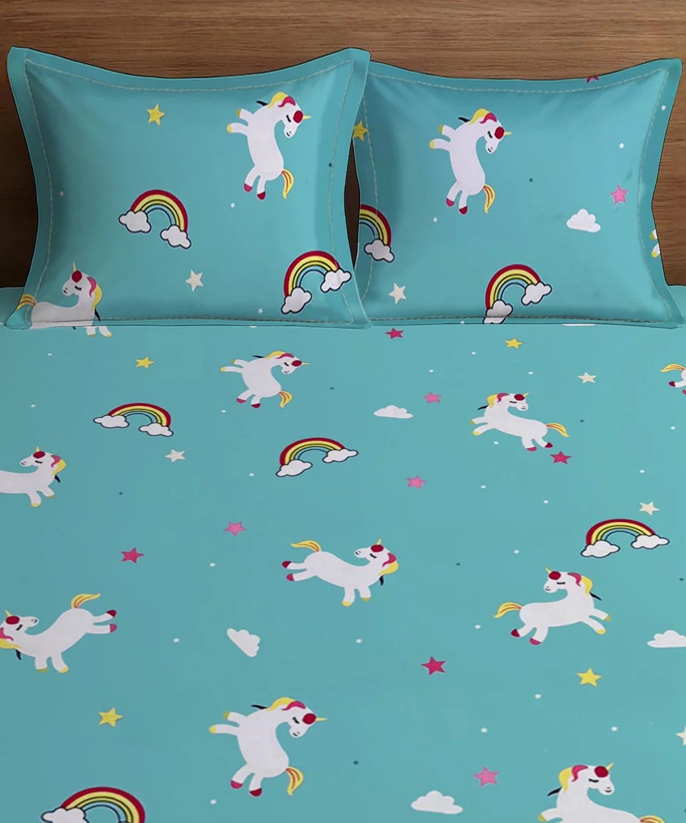 Blue Unicorn Kids Flat Bedsheet With Pillow Covers