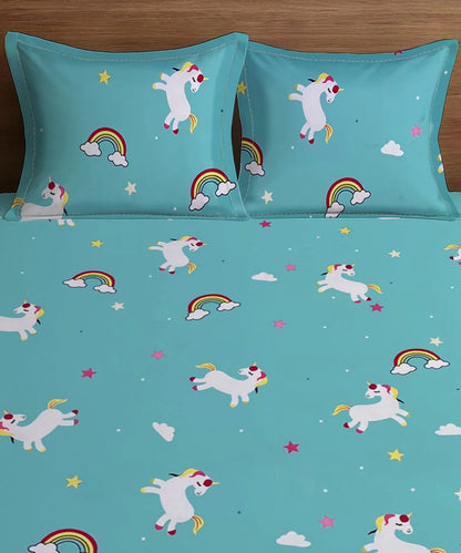 Blue Unicorn Kids Flat Bedsheet With Pillow Covers