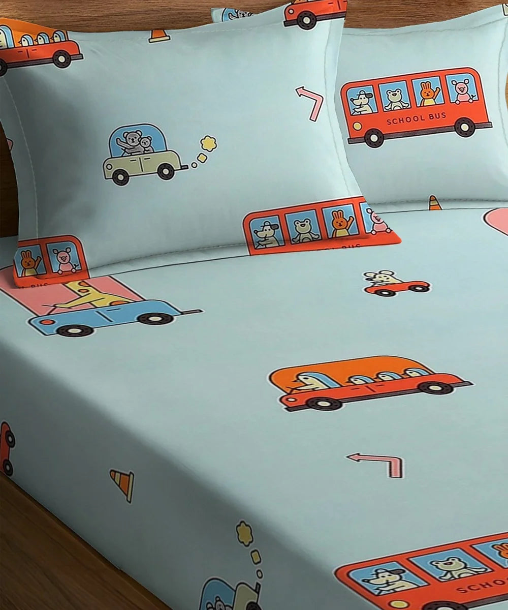 Happy Wheels Kids Flat Bedsheet With Pillow Covers