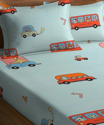 Happy Wheels Kids Flat Bedsheet With Pillow Covers