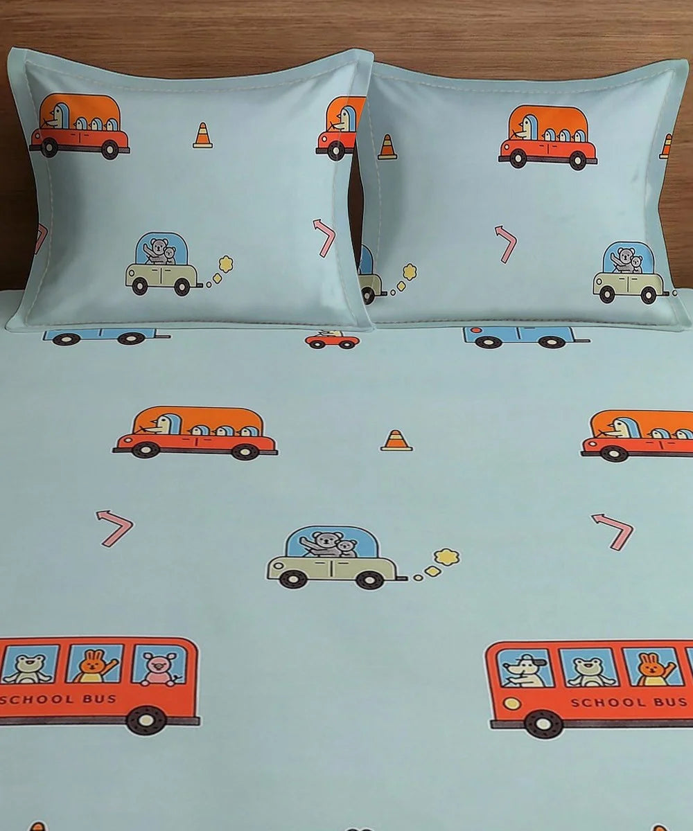 Happy Wheels Kids Flat Bedsheet With Pillow Covers