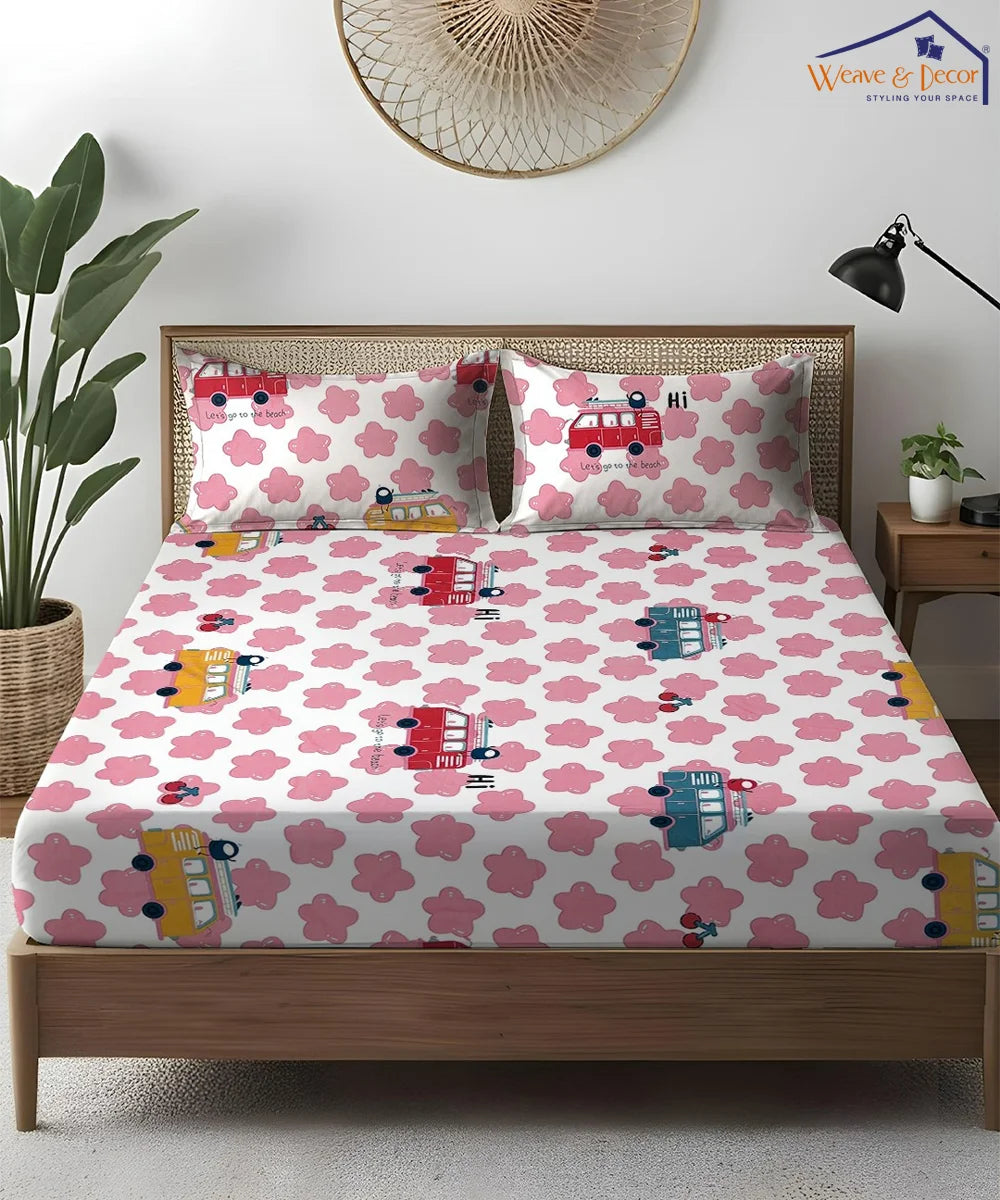 Red Bus Kids Flat Bedsheet With Pillow Covers