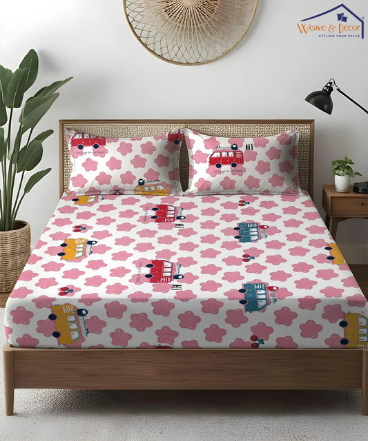 Red Bus Kids Flat Bedsheet With Pillow Covers