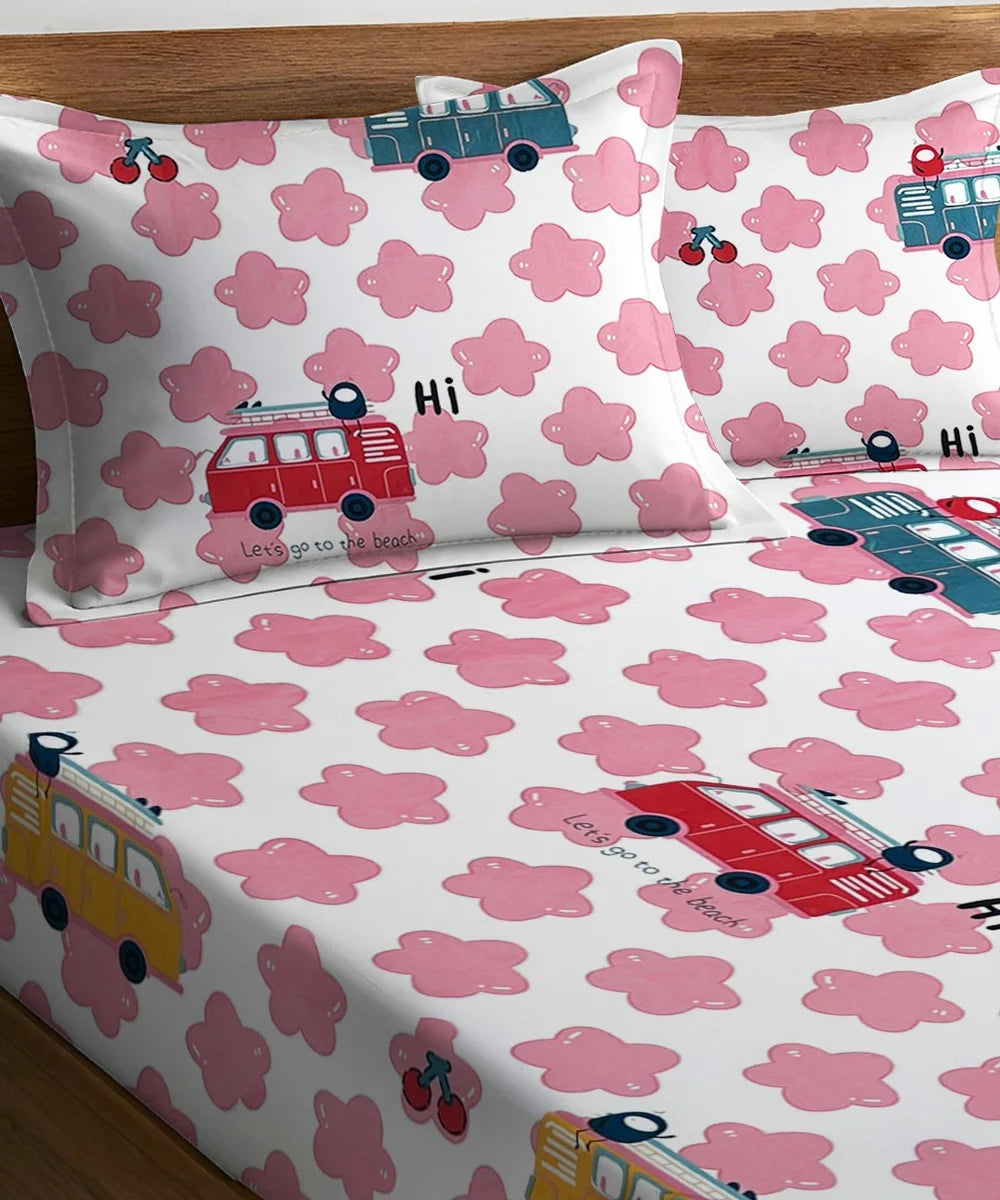 Red Bus Kids Flat Bedsheet With Pillow Covers