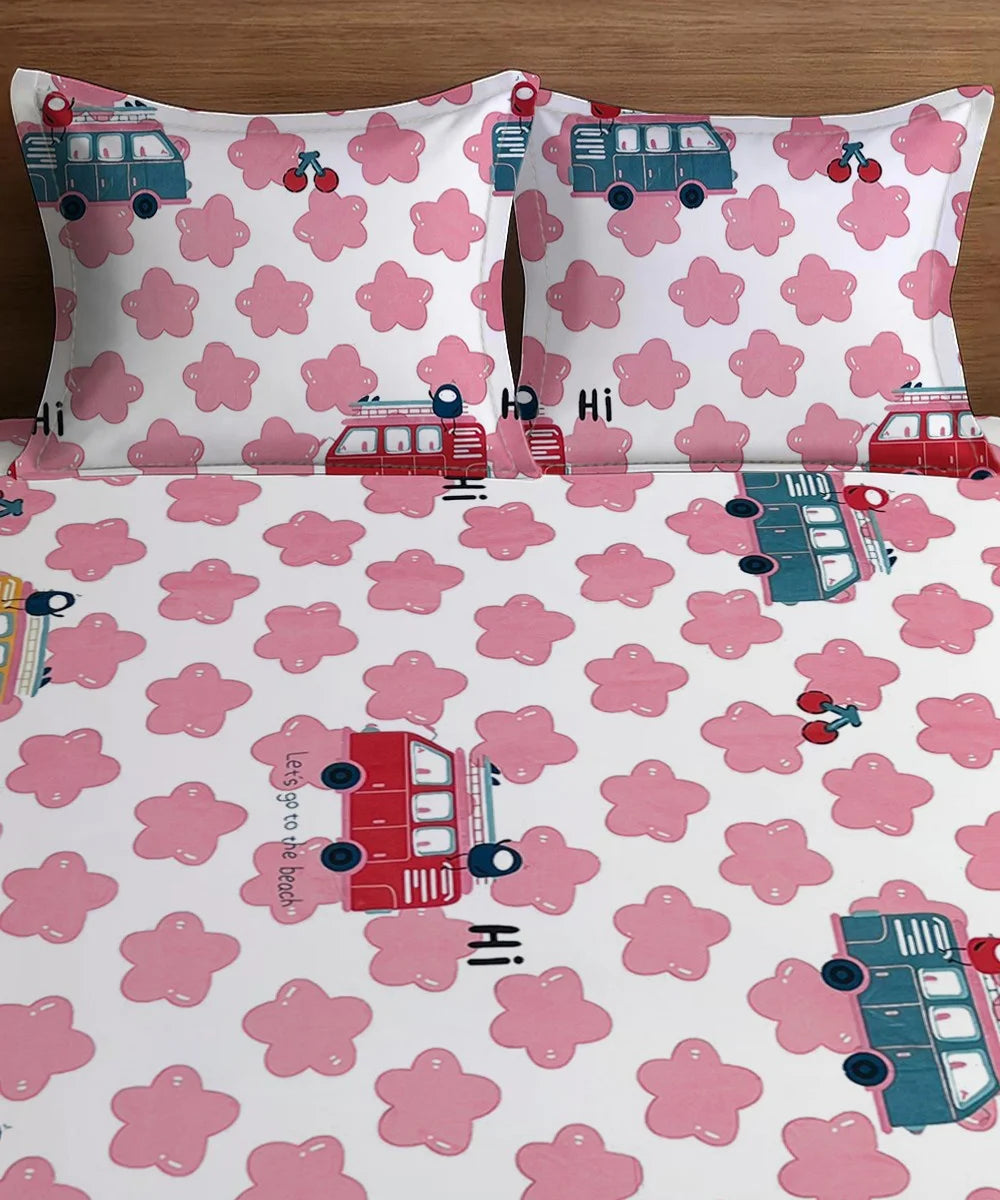 Red Bus Kids Flat Bedsheet With Pillow Covers