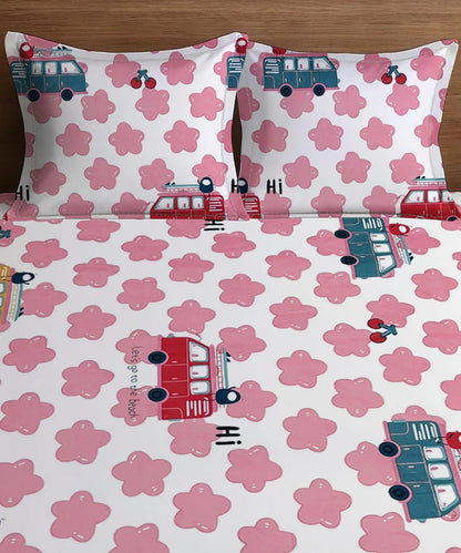 Red Bus Kids Flat Bedsheet With Pillow Covers