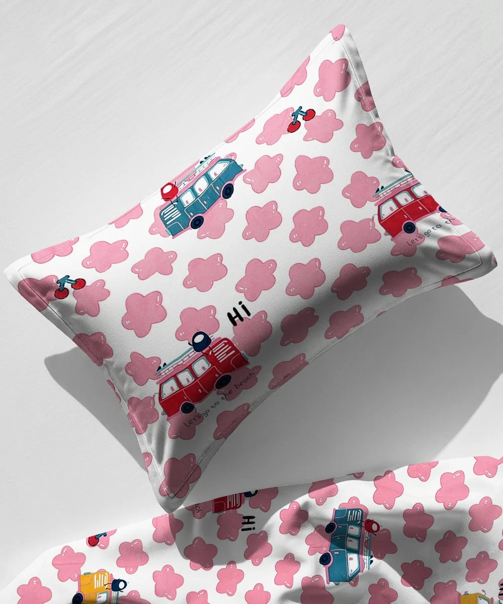 Red Bus Kids Flat Bedsheet With Pillow Covers