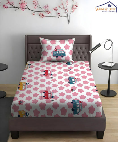Red Bus Kids Flat Bedsheet With Pillow Covers