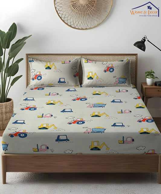 Wheels on the Go Kids Flat Bedsheet With Pillow Covers
