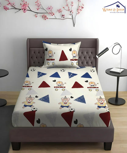Teddy Football Kids Flat Bedsheet With Pillow Covers