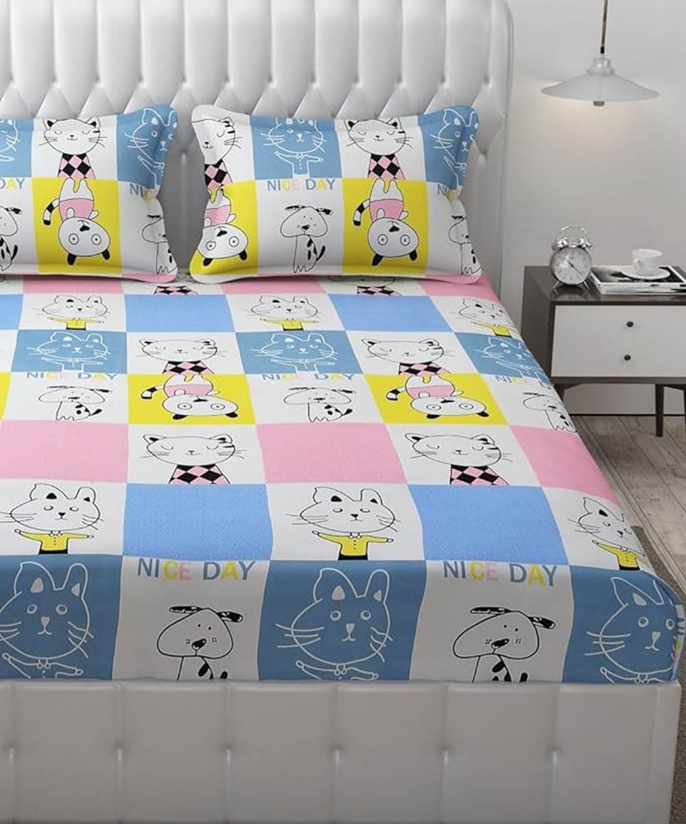 Furry Playmates Kids Flat Double Bedsheet With 2 Pillow Cover
