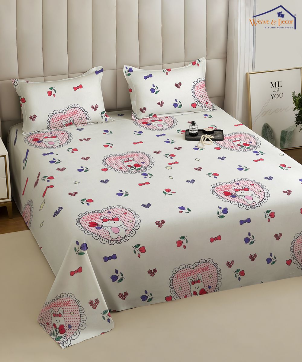 Kitty Hearts Kids Flat Bedsheet With Pillow Covers