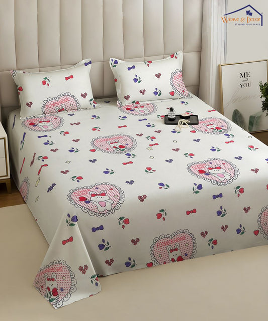 Kitty Hearts Kids Flat Bedsheet With Pillow Covers