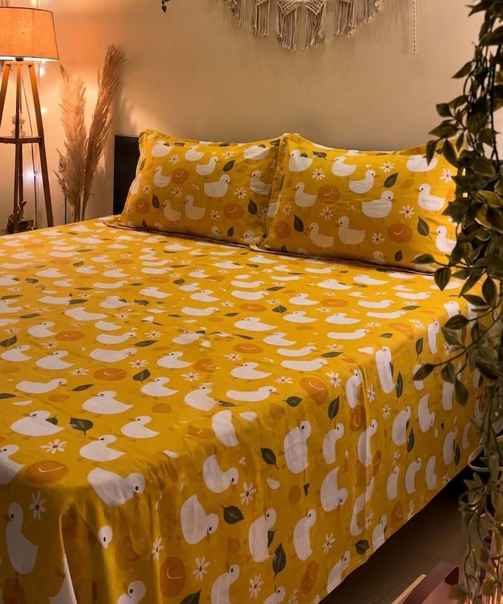 Yellow Duckie Kids Flat Double Bedsheet With 2 Pillow Covers