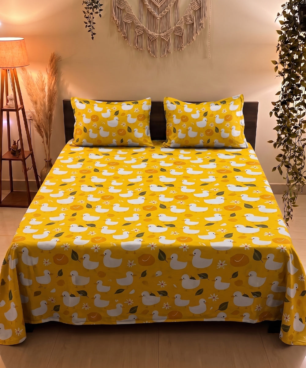 Yellow Duckie Kids Flat Double Bedsheet With 2 Pillow Covers