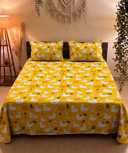 Yellow Duckie Kids Flat Double Bedsheet With 2 Pillow Covers