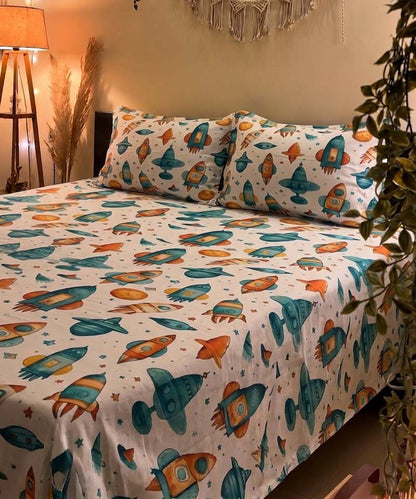 Milkyway Rocket Kids Flat Double Bedsheet With 2 Pillow Covers
