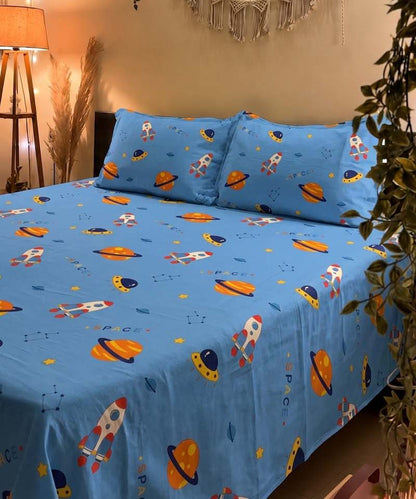 Space Adventure Blue Kids Flat Double Bedsheet With 2 Pillow Covers