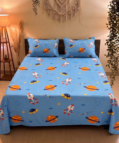 Space Adventure Blue Kids Flat Double Bedsheet With 2 Pillow Covers