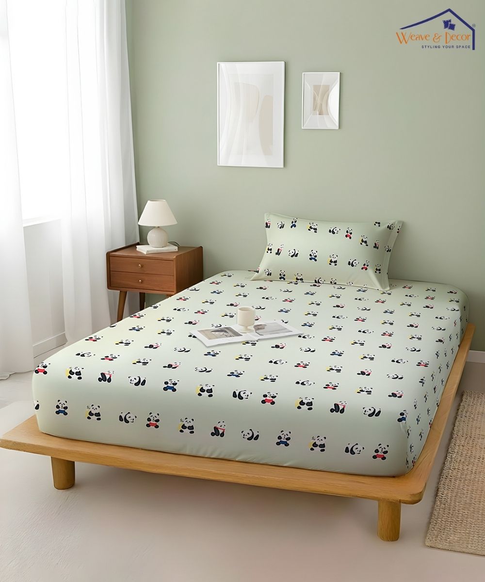 Cute Panda Print Kids Bedsheet With Pillow Covers