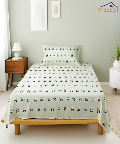 Cute Panda Print Kids Bedsheet With Pillow Covers